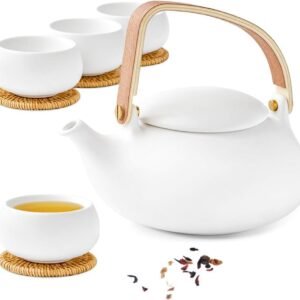 Modern  Tea Set, 27 oz Ceramic  Teapot with Fine Stainers and 4 Cups for Loose Leaf Tea Steeper, Wood Handle Matte  Teapots Hot Tea Brewer for Tea Party Women Gifts