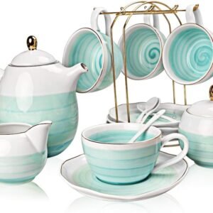 Porcelain Tea Sets, 8 OZ Cups & Saucer Service for 4, Teapot Sugar Bowl Cream Pitcher Teaspoons and Tea Strainer for Adult Tea Coffee Afternoon Party(Blue)