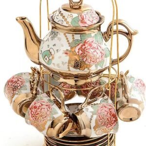 Gold Plated Red Rose Ceramic Tea Set, Vintage Tea Set with Teapot, Beautiful Tea Set Coffee Serving 6 People (Golden, Medium)