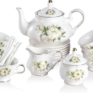 Porcelain Tea Sets, Vintage British l Relief Gold Rimmed Teapot Cup and Saucer Set, Tea Set Service for 6, with Teapot, Sugar Bowl, Milk Jug, Spoons, Tea Cup and Saucer (Camellia)