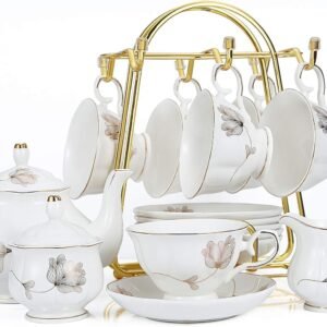Porcelain Ceramic 22-Piece Tea Set, Teapot and Cup Set, 30.7 Ounces, for 6, Gift Sets, Tea or Coffee Lovers, Wedding, Birthday