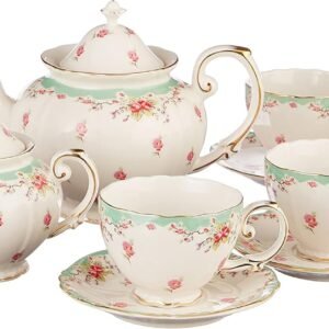 Vintage Green Rose Porcelain 11-Piece Tea Set, Green