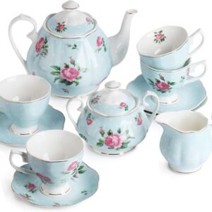 l Tea Set, Tea cups (8oz), Tea Pot (38oz), Creamer and Sugar Set, Tea Sets for Women, Tea Cups and Saucer Set, China Tea Set for Adults, 4 Tea Cups Set