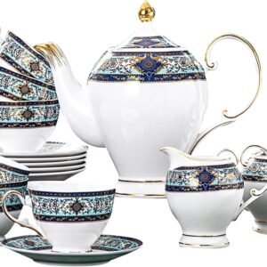 Euro Style Bone China Tea Set, 21 Piece Porcelain Tea Sets for 6 Adults, Bone China Tea Cup Set, Creamer Pitcher, Tea Set for Women Tea Party Set, Gift Package