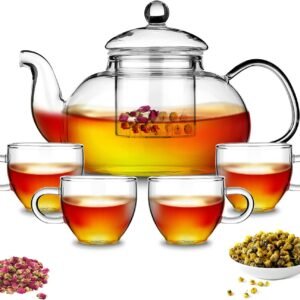 Glass Tea Pot with 4 Tea Cups, Removable Infuser, Blooming and Loose Leaf Tea Maker and Teacups Set, Stovetop Microwave Safe Tea Kettle