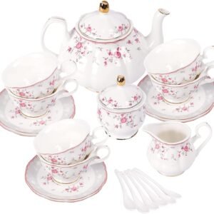 Vintage Porcelain Tea Set for Women Tea Party, Cup and Saucer Set for 6, Wedding l Teapot Set for Adults, Pink Rose