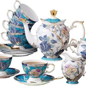 Tea Pot Sets for Adults, Bone China Tea Set Blue and White, Tea Cups Sets of 6, Tea Party Set for Women, Vintage Fine Coffee Tea Set English Porcelain Luxury Tea Sets with Teapot for Gift
