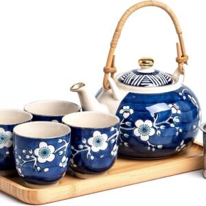 Tea Set, 25 oz Ceramic Tea Sets with Teapot and Cup Set for 4, Blue and White Tea Sets for Adults with Removable Stainless Infuser and Bamboo Tray, Tea Gifts Set for Tea Lovers