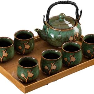 Tea Set, Kiln-Formed Ceramic Tea Set, Plum Blossom Embossed, Includes 1 Teapot, 6 Teacups,Tea Tray,Strainer, Used for home, outdoor, gift,  Kung Fu Tea Set(GREEN)