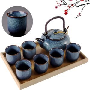 Tea Set for 6, Kiln Altered Glaze Porcelain Tea Set with 1 Teapot, 6 Tea Cups & 1 Tea Tray, Unique  Tea Set for Adults/Tea Lovers/Women/Men, Blue