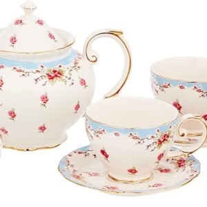 Vintage Blue Rose Porcelain 11-Piece Tea Set, Blue