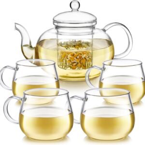 Heatproof Glass Teapot Set with Removable Loose Tea Infuser (Standard Size: 32oz/946ml) and Four Borosilicate Glass Teacups (7oz/207ml) - Lead-free Complete Tea Set