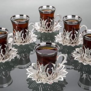 Tea Glasses Set of 6 with Saucers and Holders - Fancy Vintage Silver Handmade Set for Serving, Gift, Teatime
