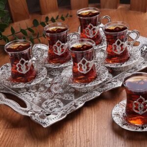 Tea Glasses Set of 6 with Silver Holders and Saucers with Serving Tray - Fancy Vintage Handmade Set, Gift, Teatime