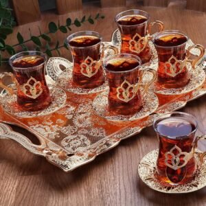 Tea Glasses Set of 6 with Gold Holders and Saucers with Serving Tray - Fancy Vintage Handmade Set, Gift, Teatime